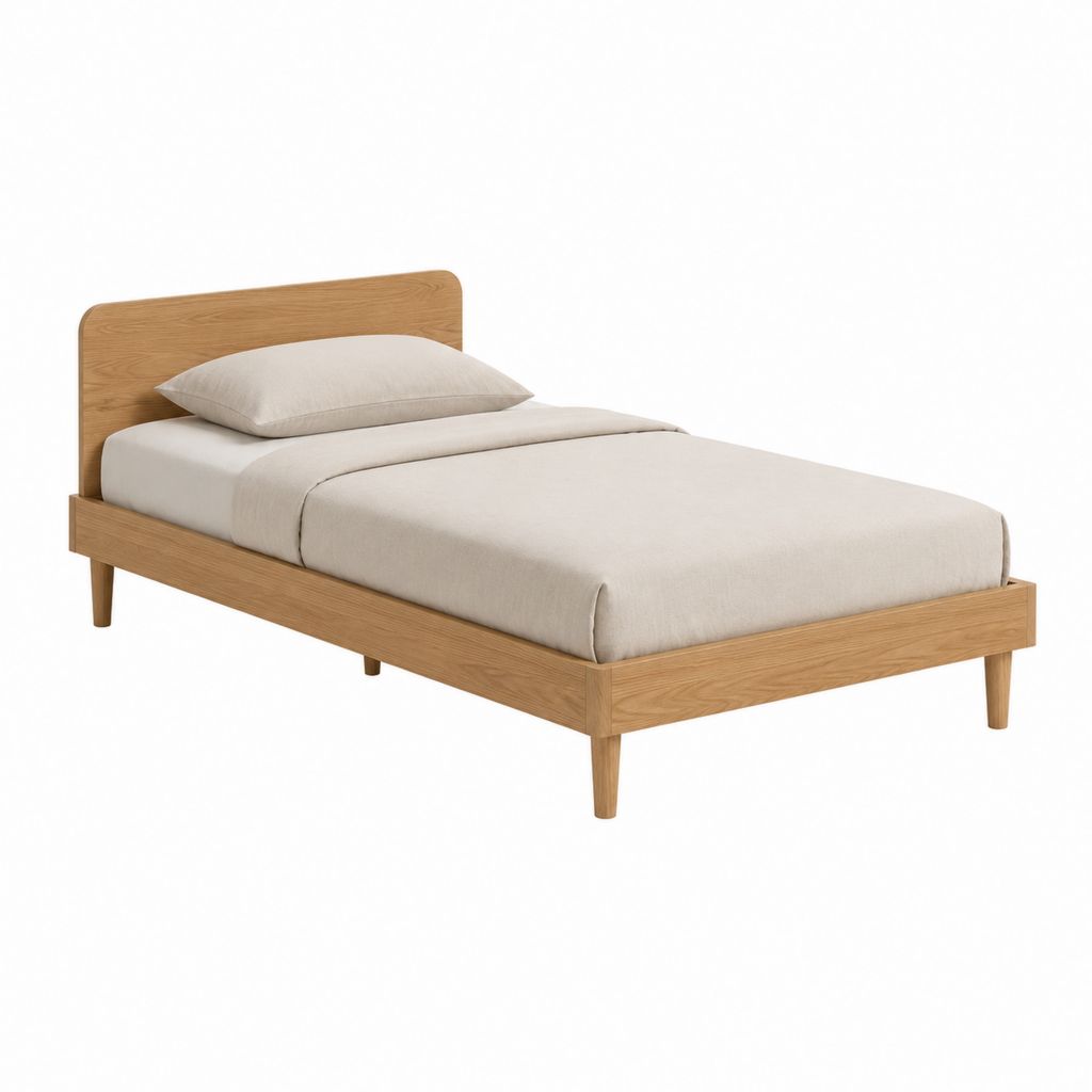 Einzelbett Bettgestell naturfarben aus massivem Eichenholz mit abgerundetem Kopfteil 90 x 200 cm
