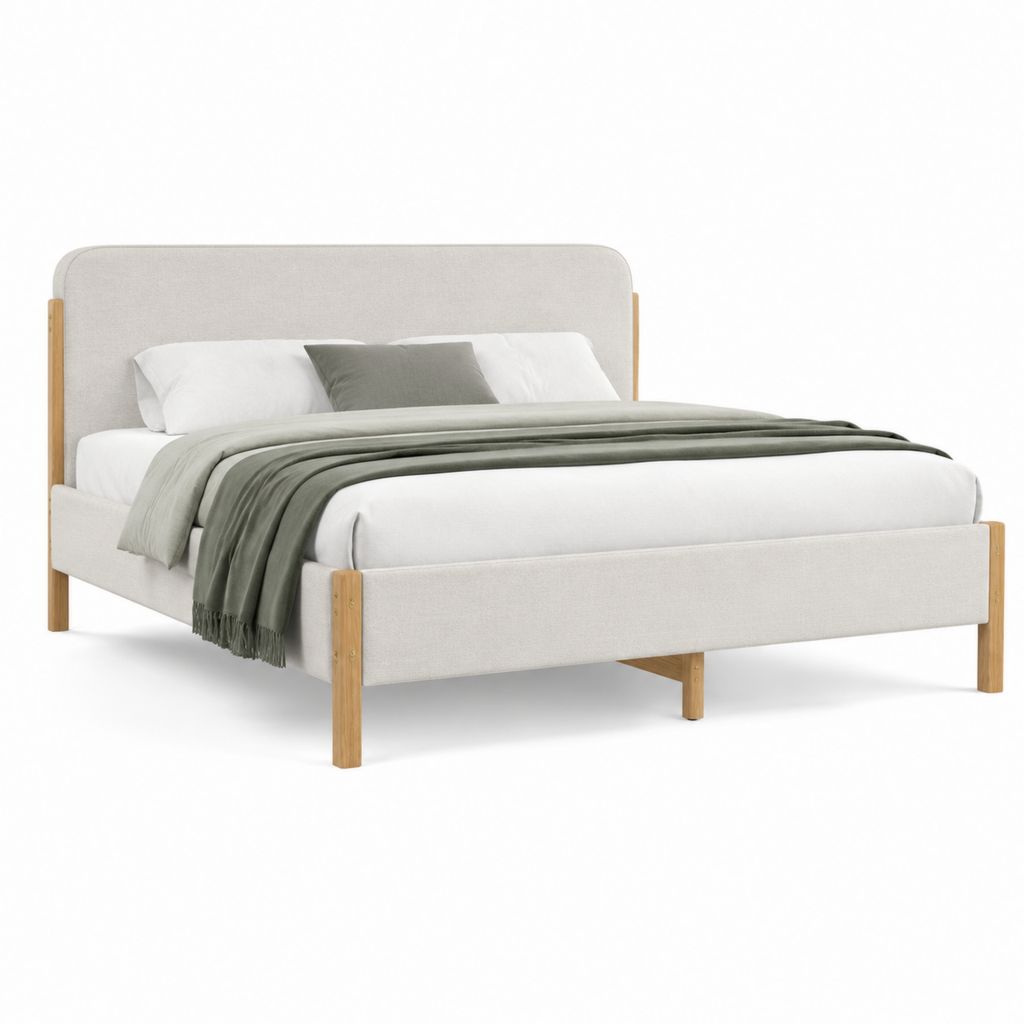 Polsterbett Doppelbett Beige mit Polyesterbezug und Massivholzgestell 160 x 200 cm