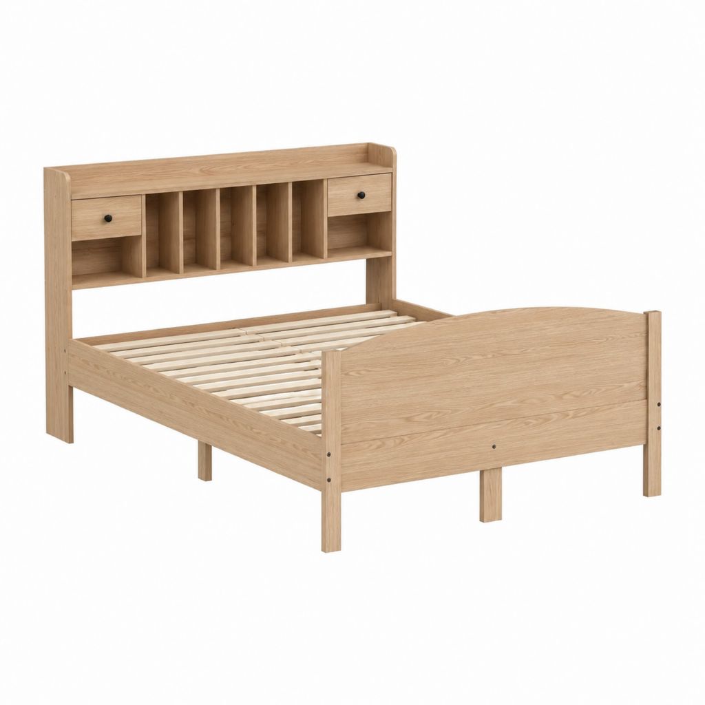 Doppelbett Bettgestell Eiche natur Spanplatte rechteckig mit Stauraum und Lattenrost 140 x 200 cm