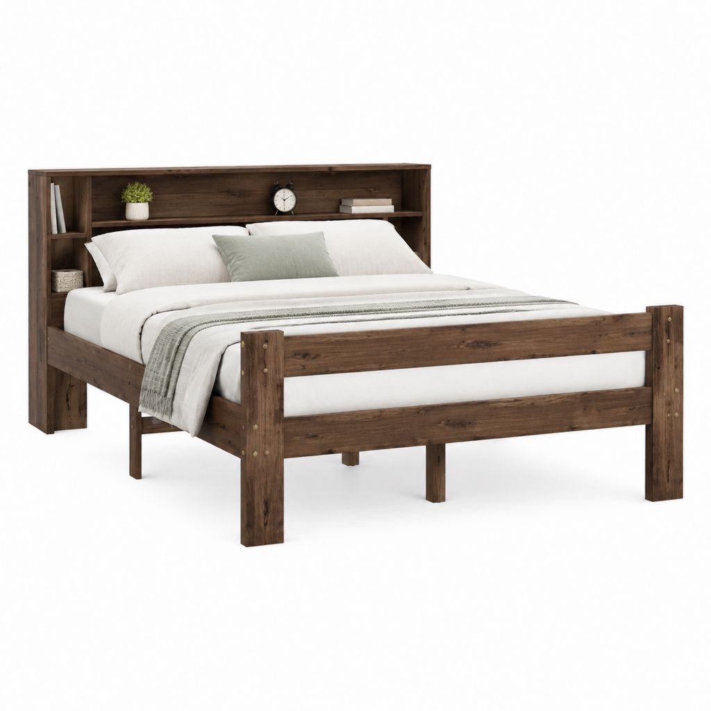 Doppelbett Bettgestell Dunkelbraun aus massivem Kiefernholz mit Kopfteilregal 160 x 200 cm