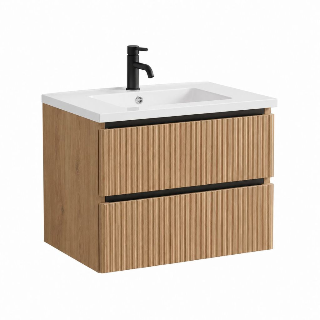 Waschtischunterschrank Set Eicheoptik MDF rechteckig mit Keramikwaschbecken 60 x 46 x 55 cm