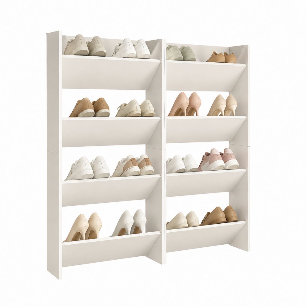 Schuhregal 2er Set Weiß aus Spanplatte mit 8 schrägen Ablagen 120 x 24 x 160 cm