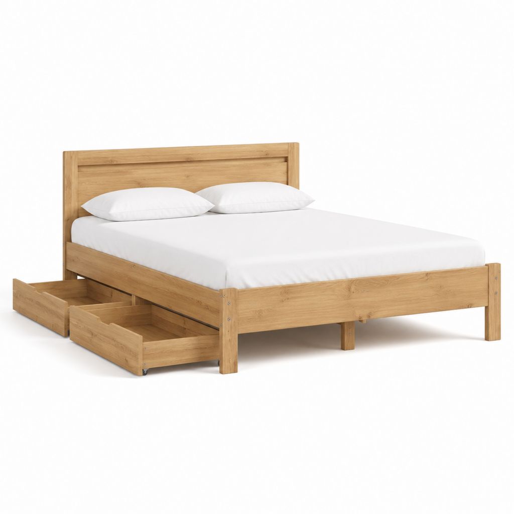 Doppelbett mit 2 Schubladen aus Eichen-Massivholz rechteckig 160 x 200 cm
